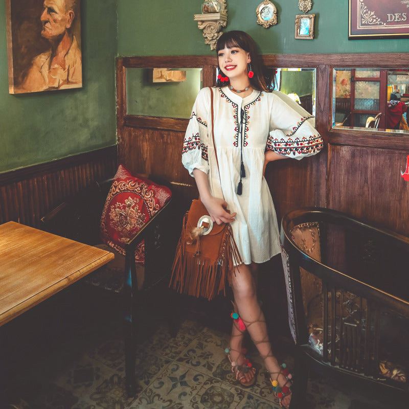 休暇のためのエスニックワンピ+カギ編みベスト