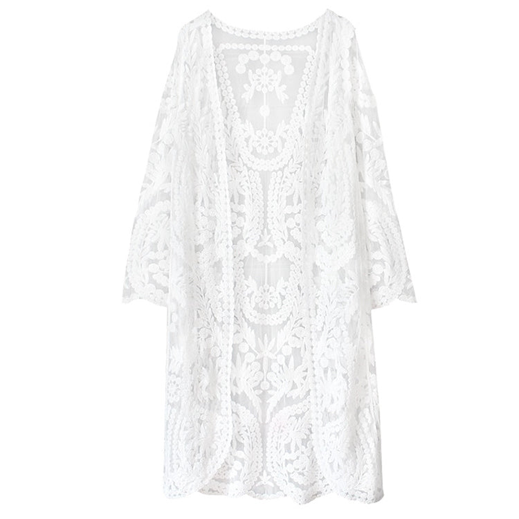 ロング丈の長袖レースカーディガン