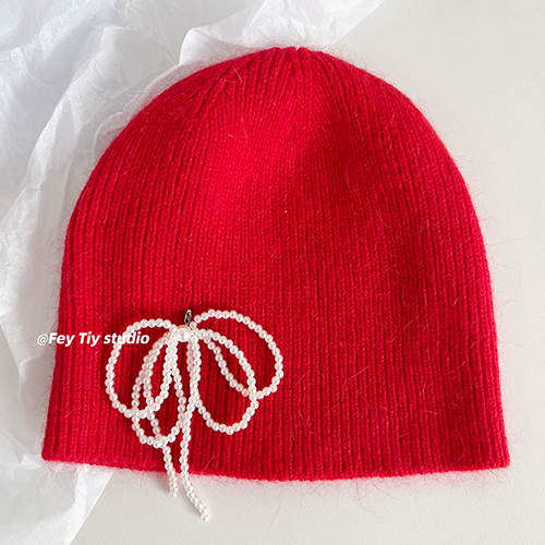 ラビットファー風ビーズリボンニット帽(ビーニー)