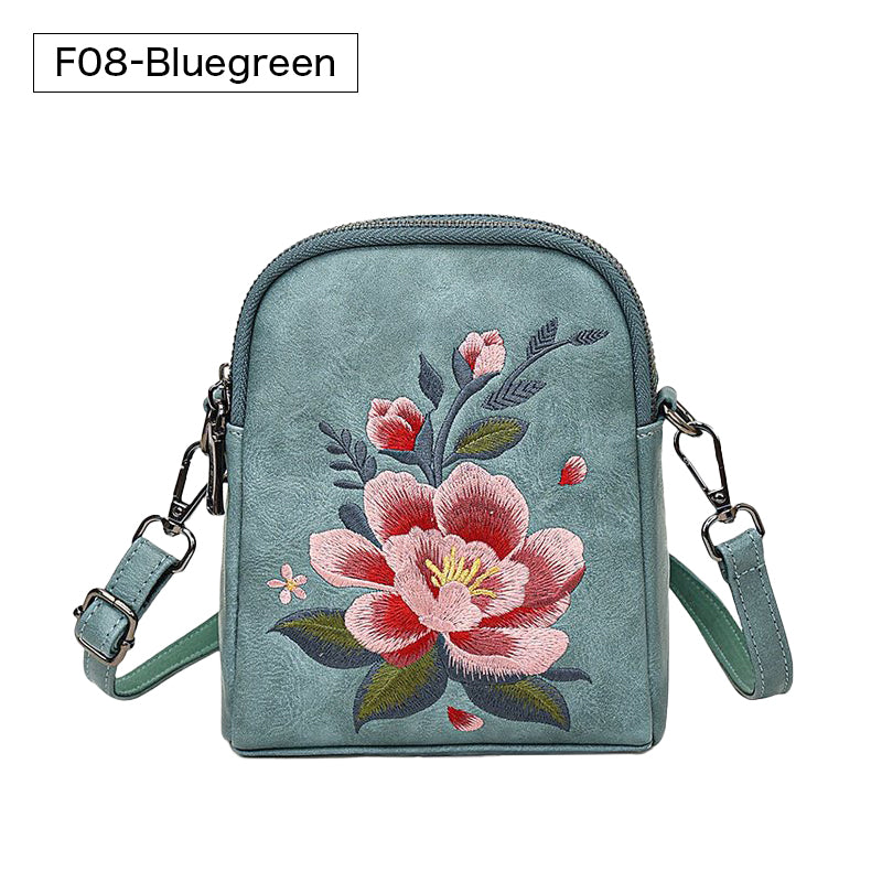 レトロフラワー刺繍入りレザーポーチ スマホショルダー 斜めがけ ミニバッグ レディース 蓮 睡蓮