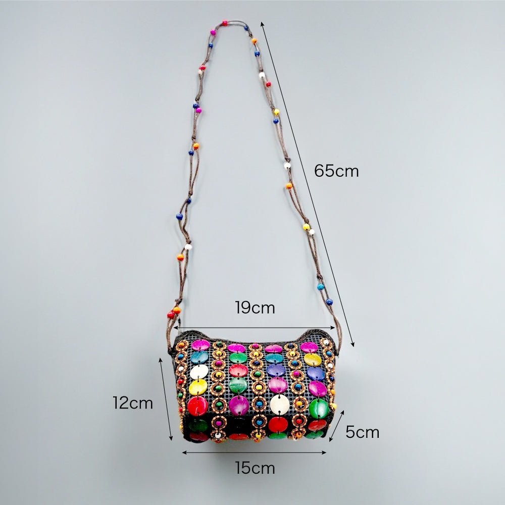 ビーズ編みモザイクバッグ ココナッツシェル カラフル 民族風 斜めがけ ミニショルダー 夏バッグ ハンドメイド