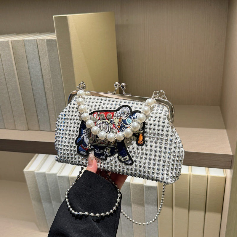 パール×スタッズクラッチバッグ がま口 チェーン付き 3WAY ミニショルダー パーティー 韓国風 レディース