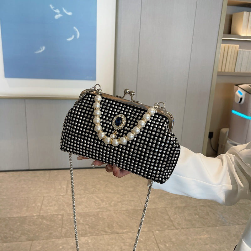 パール×スタッズクラッチバッグ がま口 チェーン付き 3WAY ミニショルダー パーティー 韓国風 レディース
