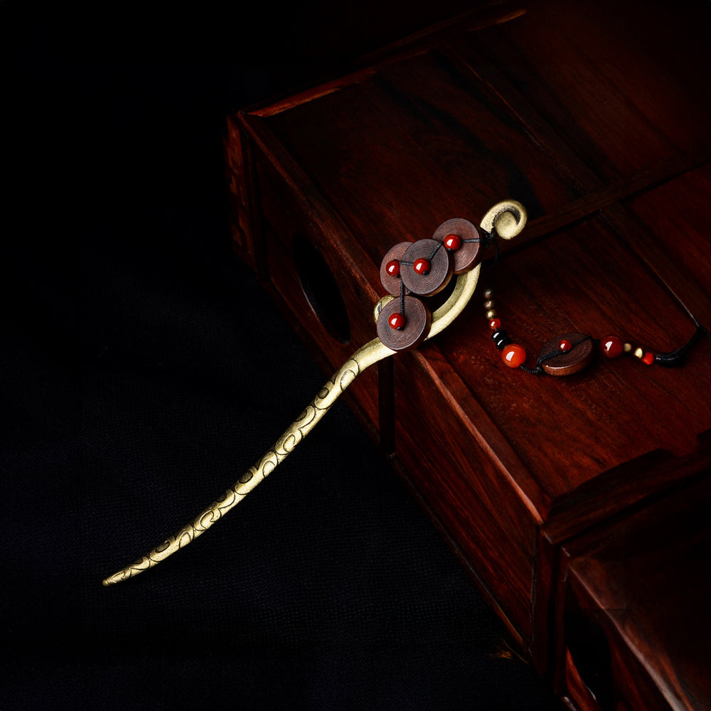 ウッド×ビーズのアンティークかんざし ヘアアクセサリー 和装 まとめ髪 レディース 和モダン 赤 ゴールド 古風