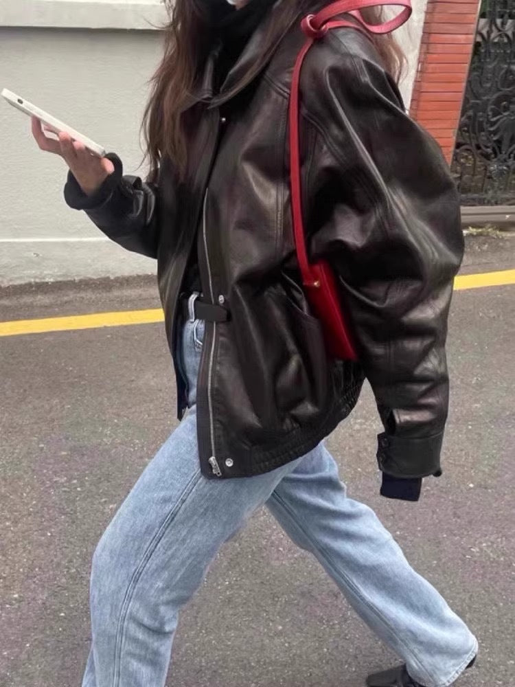 フェイクレザー襟付きジャケット