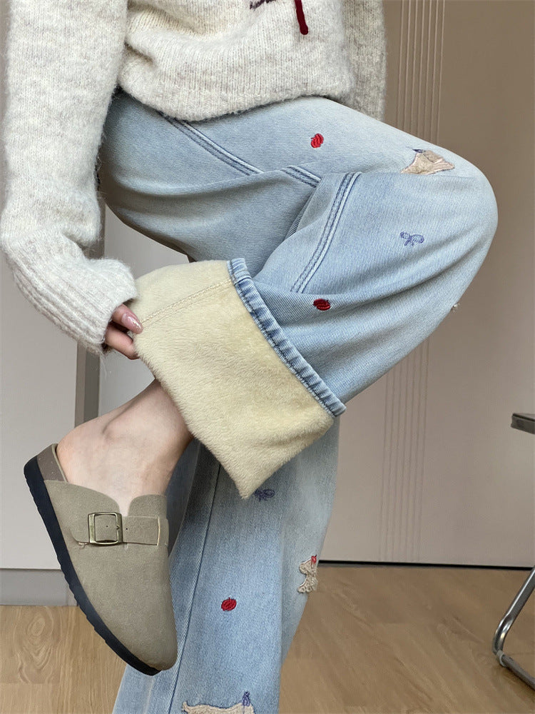 刺繍つきワイドジーンズ(スカイブルー)