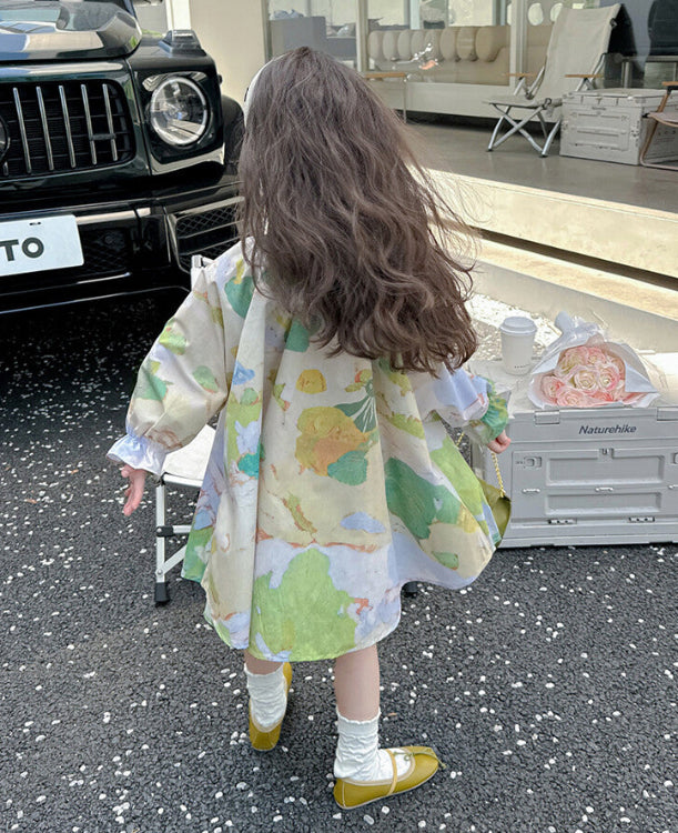 水彩アート柄 ふんわりシャツワンピース