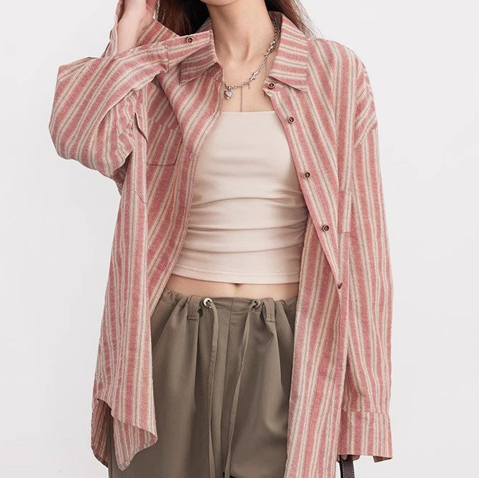 ダスティピンクストライプオーバーシャツ