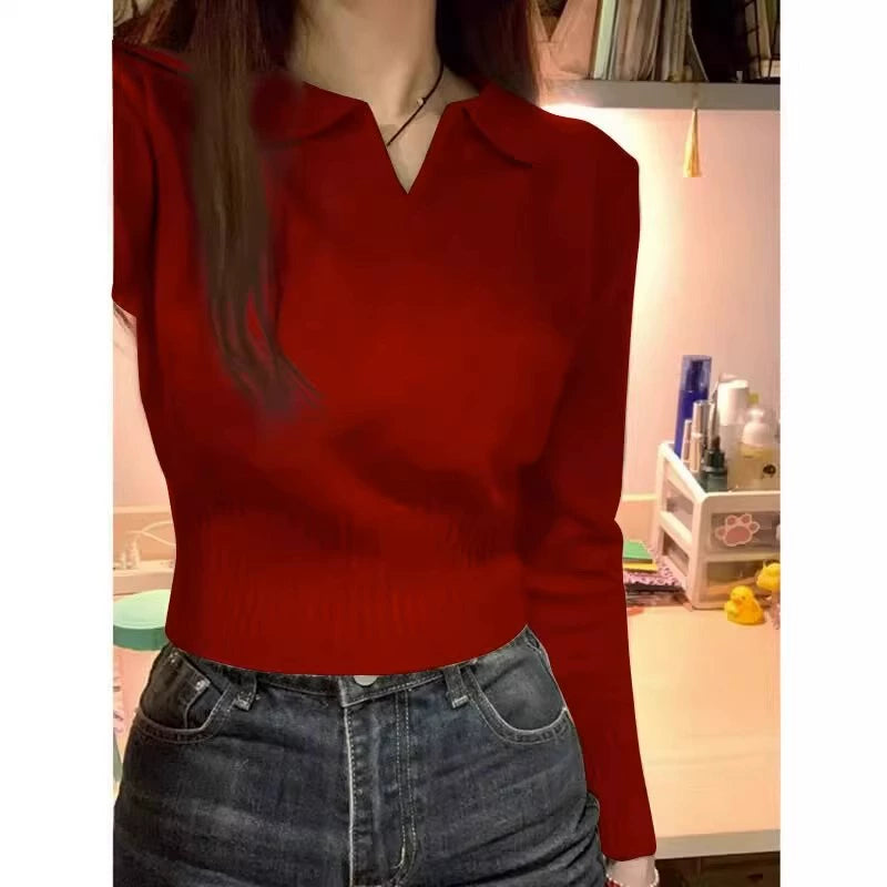 ラペル襟長袖ニットトップス