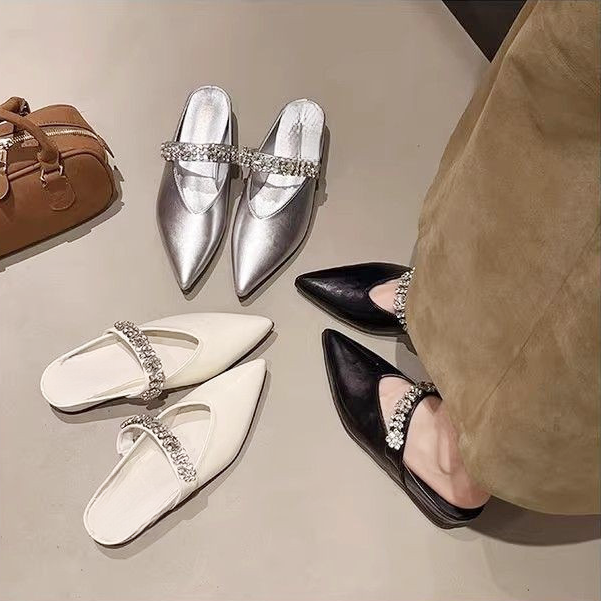 ダイヤモンドストラップ ソフトレザー ポインテッドトゥ ミュールシューズ サンダル