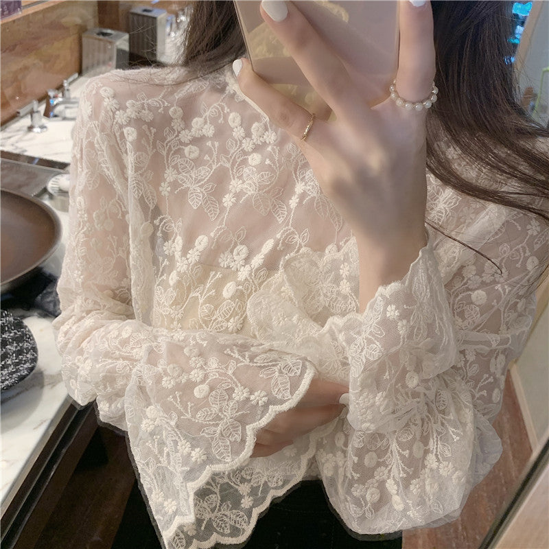 レース長袖メッシュトップ