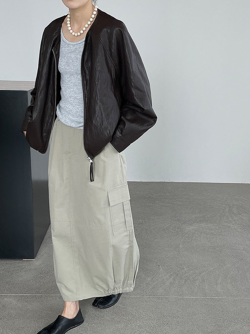 ノーカラーフェイクレザージャケット