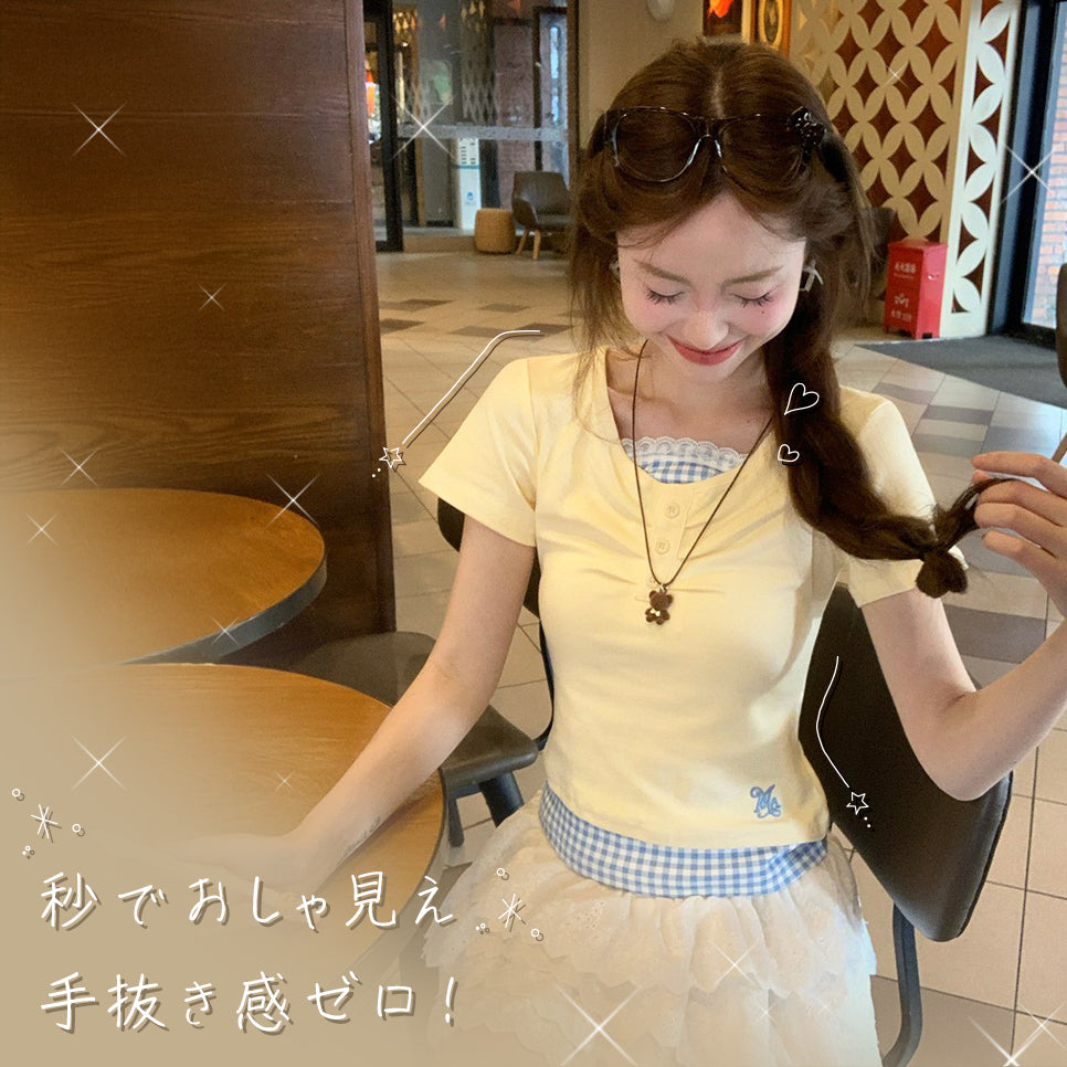 重ね着風ギンガムチェックTシャツ