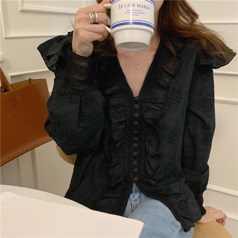 刺繍レース切り替え長袖ブラウス