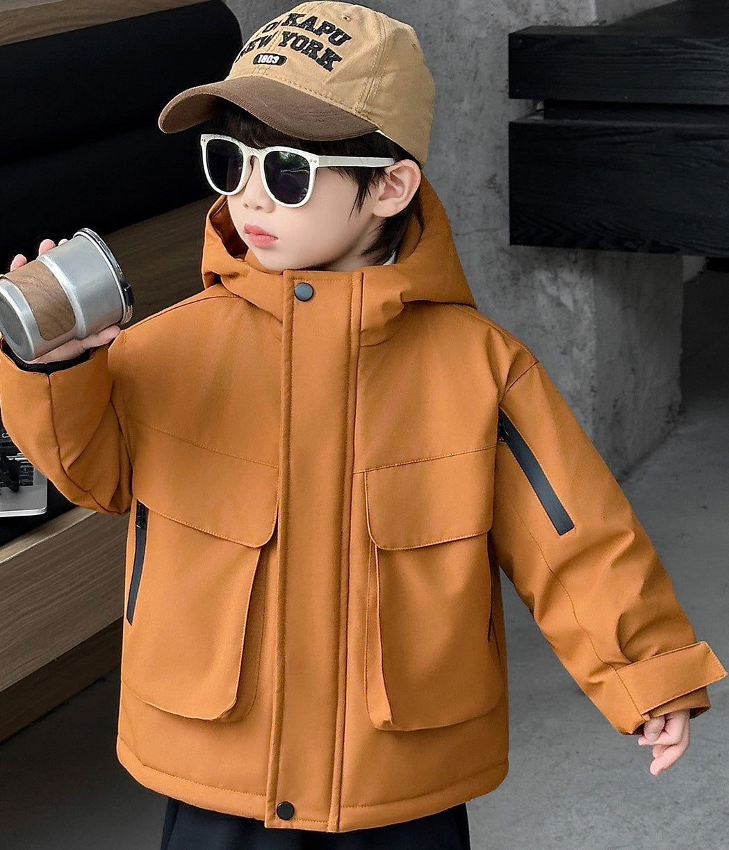 フリース裏地厚手アウトドアフードジャケット