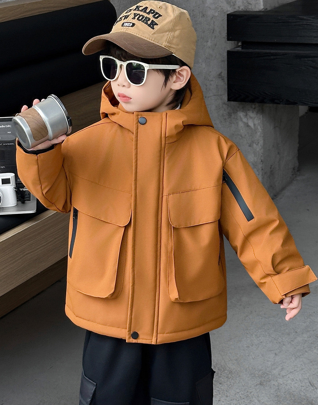 フリース裏地厚手アウトドアフードジャケット