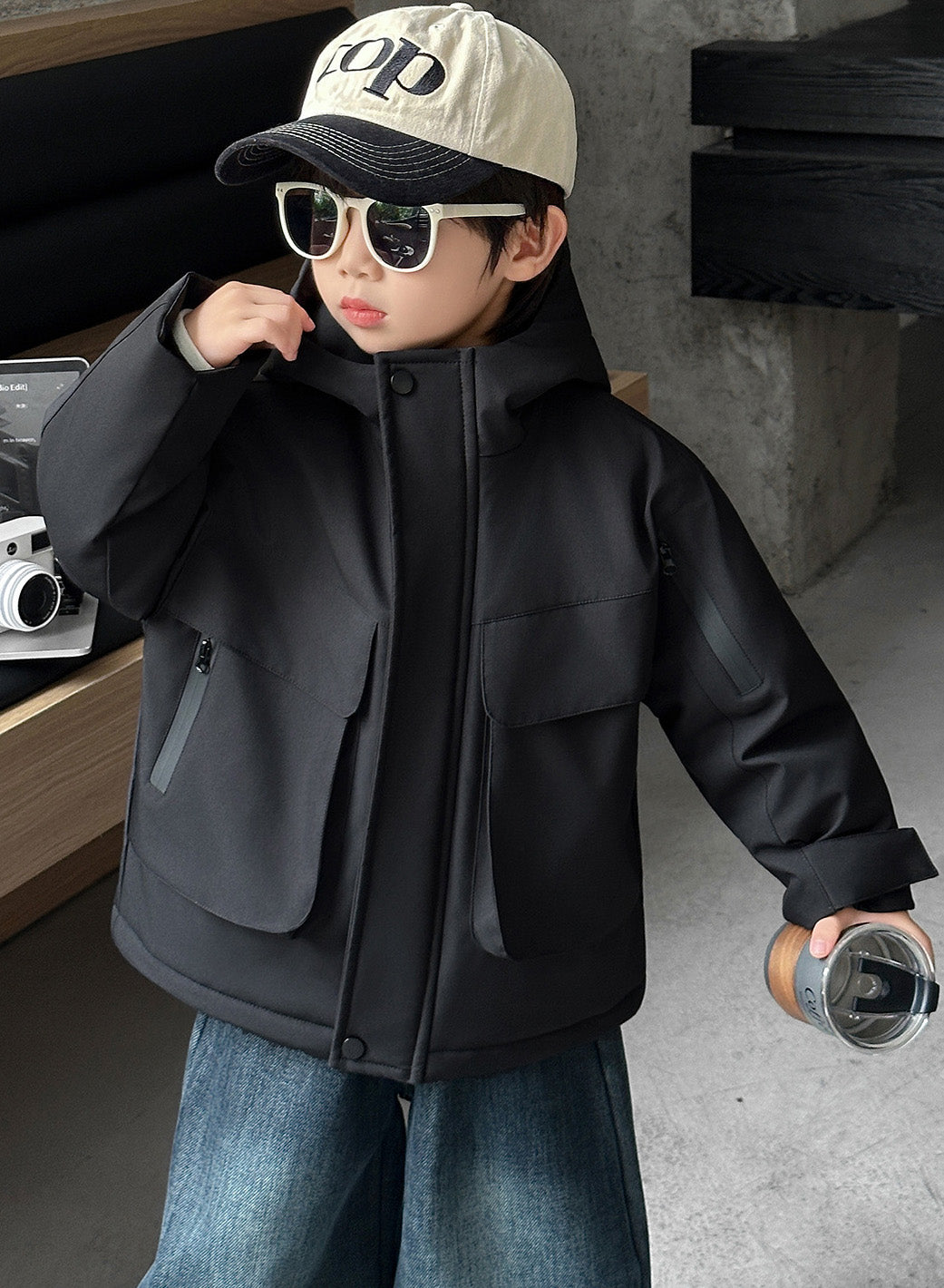 フリース裏地厚手アウトドアフードジャケット