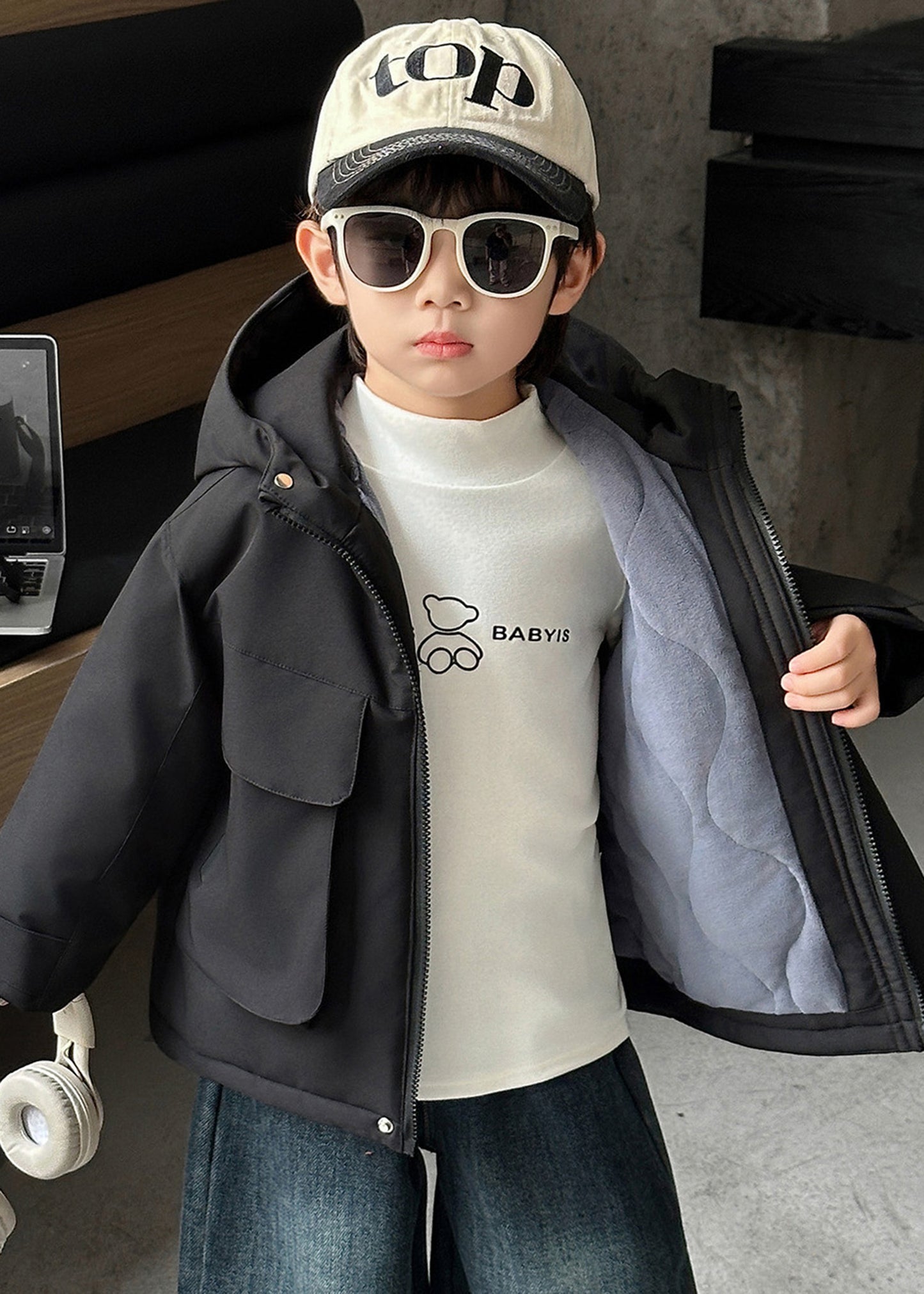 フリース裏地厚手アウトドアフードジャケット