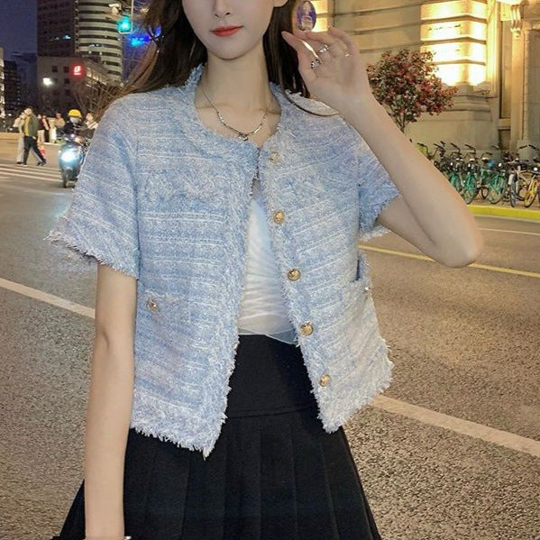 【ノーカラーサマーツイードジャケット】華やか半袖ツイード風ジャケット