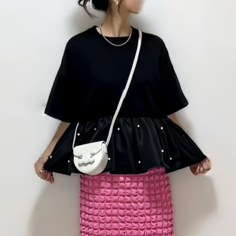 異素材MIXヘムパールペプラムTシャツ