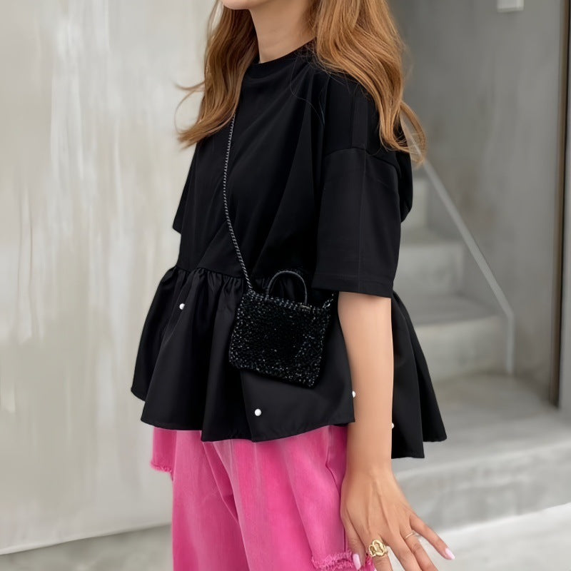 異素材MIXヘムパールペプラムTシャツ