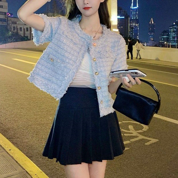 【ノーカラーサマーツイードジャケット】華やか半袖ツイード風ジャケット