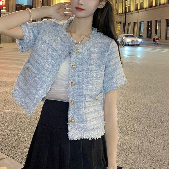 【ノーカラーサマーツイードジャケット】華やか半袖ツイード風ジャケット