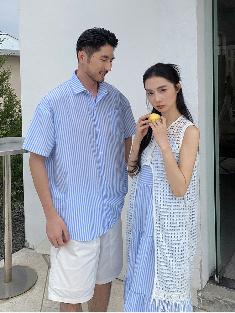 ブルーストライプの爽やかリンクコーデ