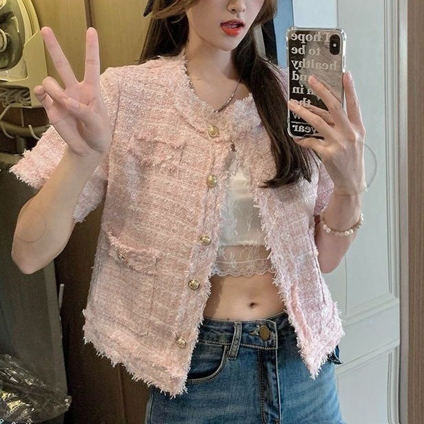 【ノーカラーサマーツイードジャケット】華やか半袖ツイード風ジャケット