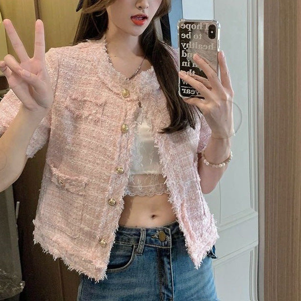 【ノーカラーサマーツイードジャケット】華やか半袖ツイード風ジャケット