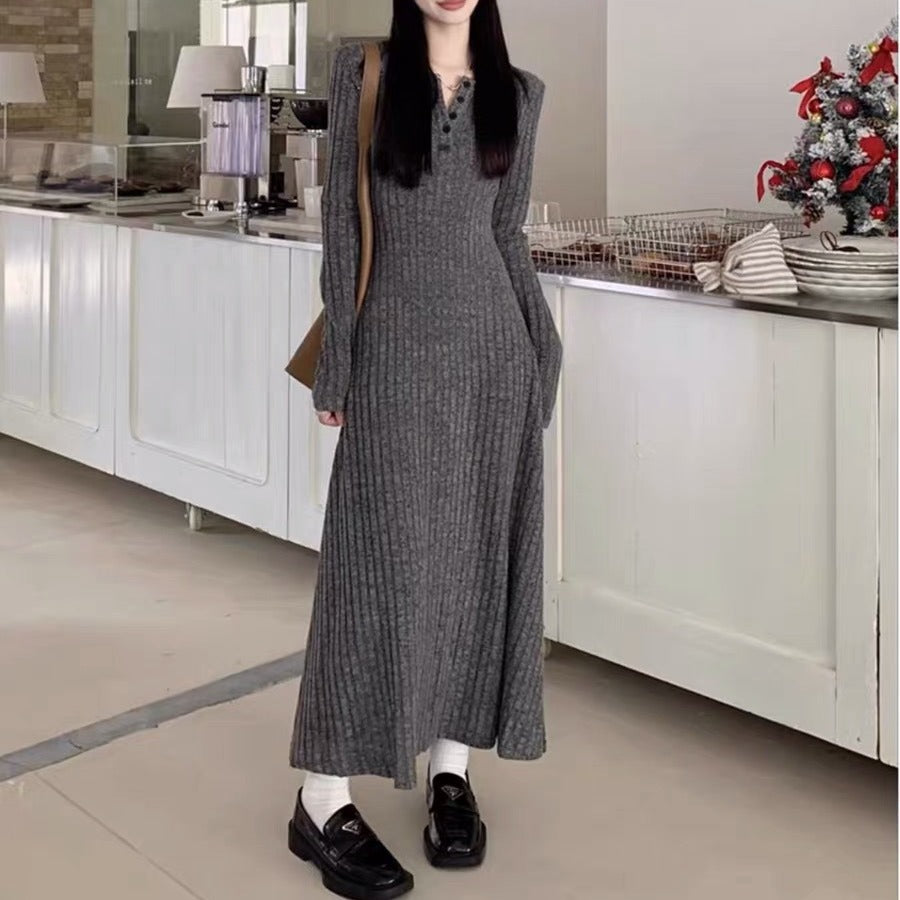ウエストマーク 縦リブニットロングワンピース