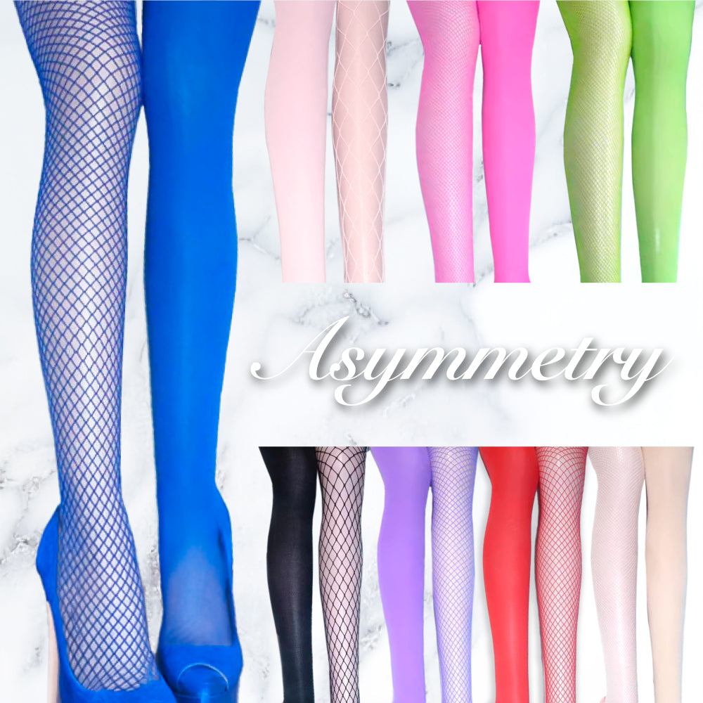 アシンメトリータイツ 無地ベロア風×メッシュ切替 個性派 カラータイツ レディースファッション