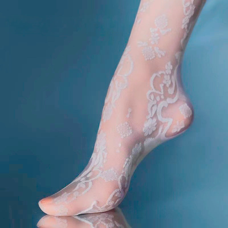 花柄 レース模様 薄手タイツ 15デニール パンティストッキング シアー エレガント ジャカード織り レトロ柄