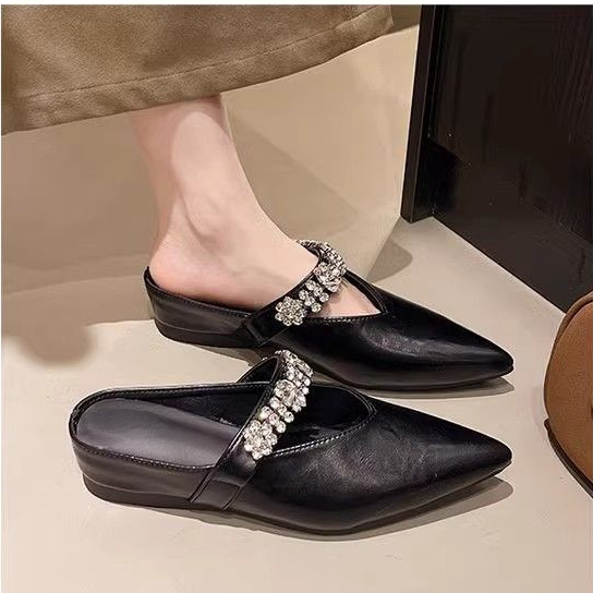 ダイヤモンドストラップ ソフトレザー ポインテッドトゥ ミュールシューズ サンダル