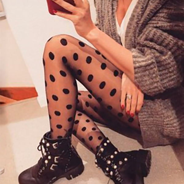 大きめドット柄 シアータイツ 薄手 15デニール パンティーストッキング ブラック ホワイト ポルカドット