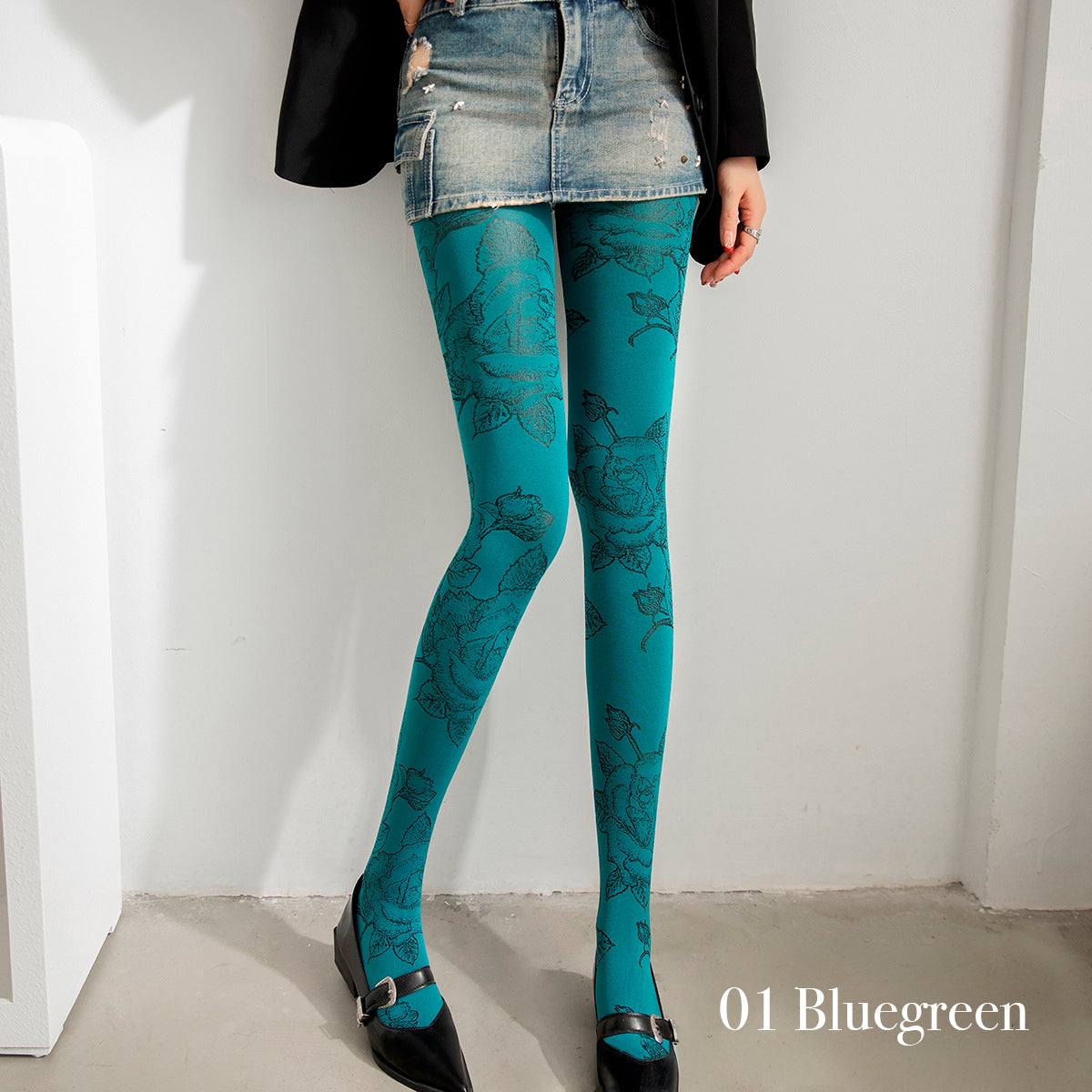 ローズ柄 ジャカード編みタイツ 中厚手 レトロフラワー デザインタイツ あったかタイツ
