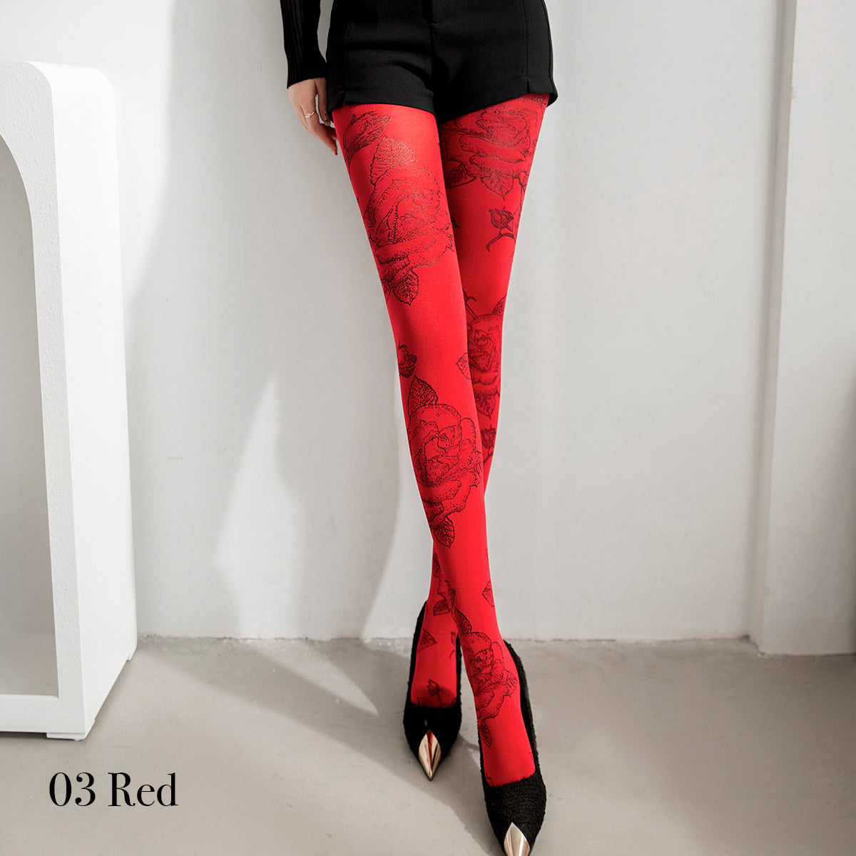 ローズ柄 ジャカード編みタイツ 中厚手 レトロフラワー デザインタイツ あったかタイツ
