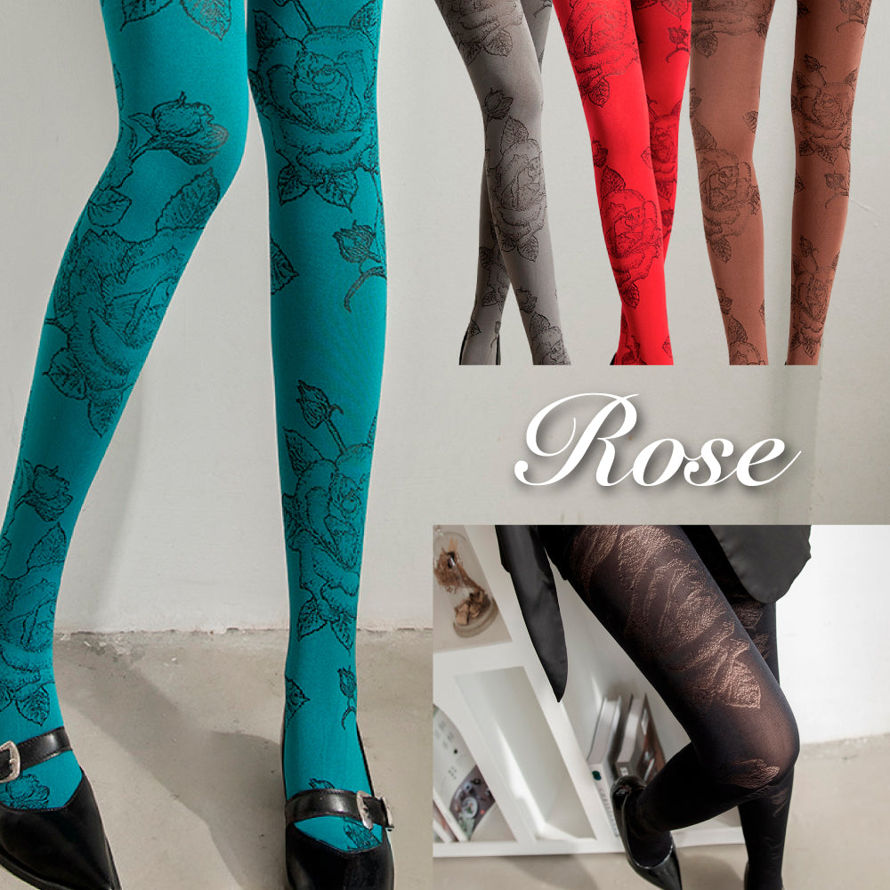 ローズ柄 ジャカード編みタイツ 中厚手 レトロフラワー デザインタイツ あったかタイツ