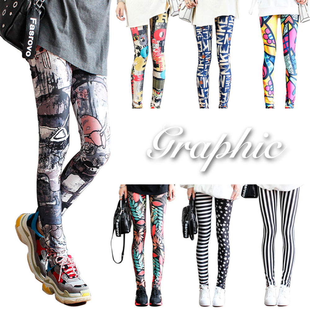 グラフィックプリント レギンス 派手柄 個性的 ストリート ストライプ お花柄 伸縮素材 薄手 九分丈パンツ ステージ衣装