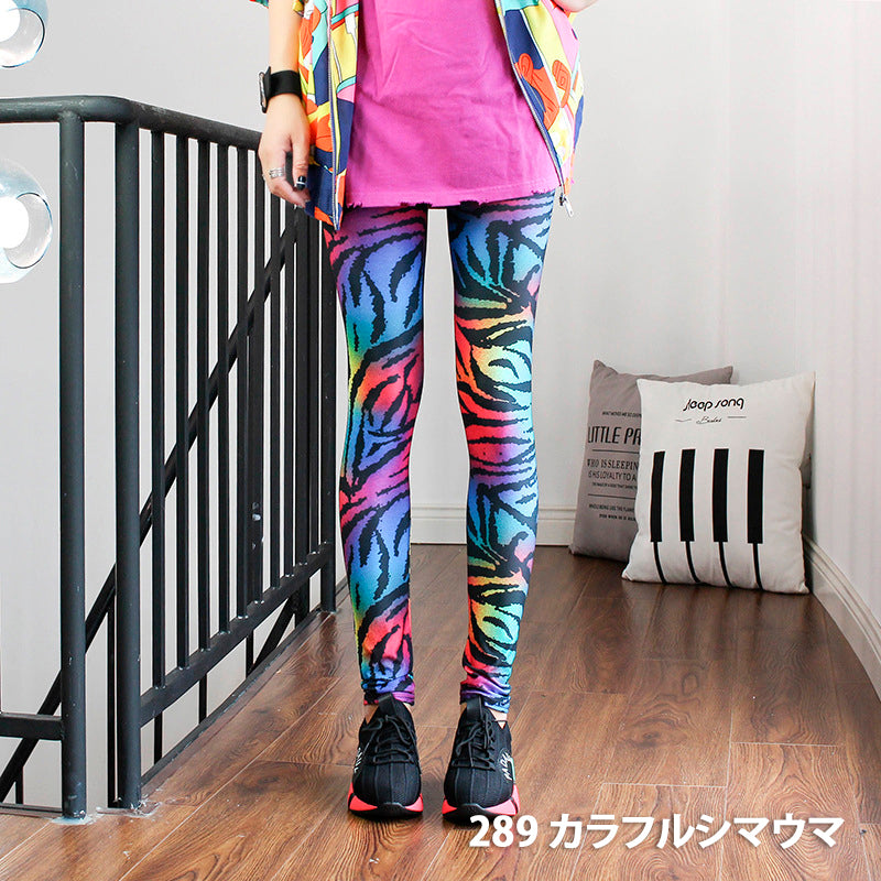 グラフィックプリント レギンス 派手柄 個性的 ストリート ストライプ お花柄 伸縮素材 薄手 九分丈パンツ ステージ衣装
