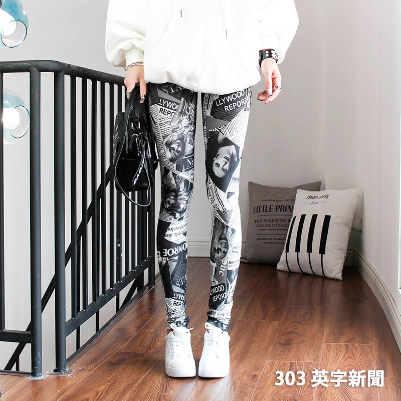 グラフィックプリント レギンス 派手柄 個性的 ストリート ストライプ お花柄 伸縮素材 薄手 九分丈パンツ ステージ衣装