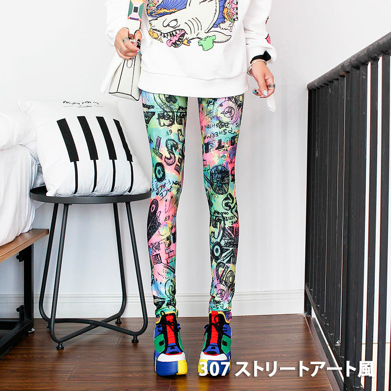 グラフィックプリント レギンス 派手柄 個性的 ストリート ストライプ お花柄 伸縮素材 薄手 九分丈パンツ ステージ衣装