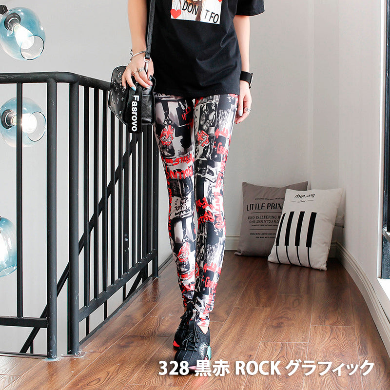 グラフィックプリント レギンス 派手柄 個性的 ストリート ストライプ お花柄 伸縮素材 薄手 九分丈パンツ ステージ衣装