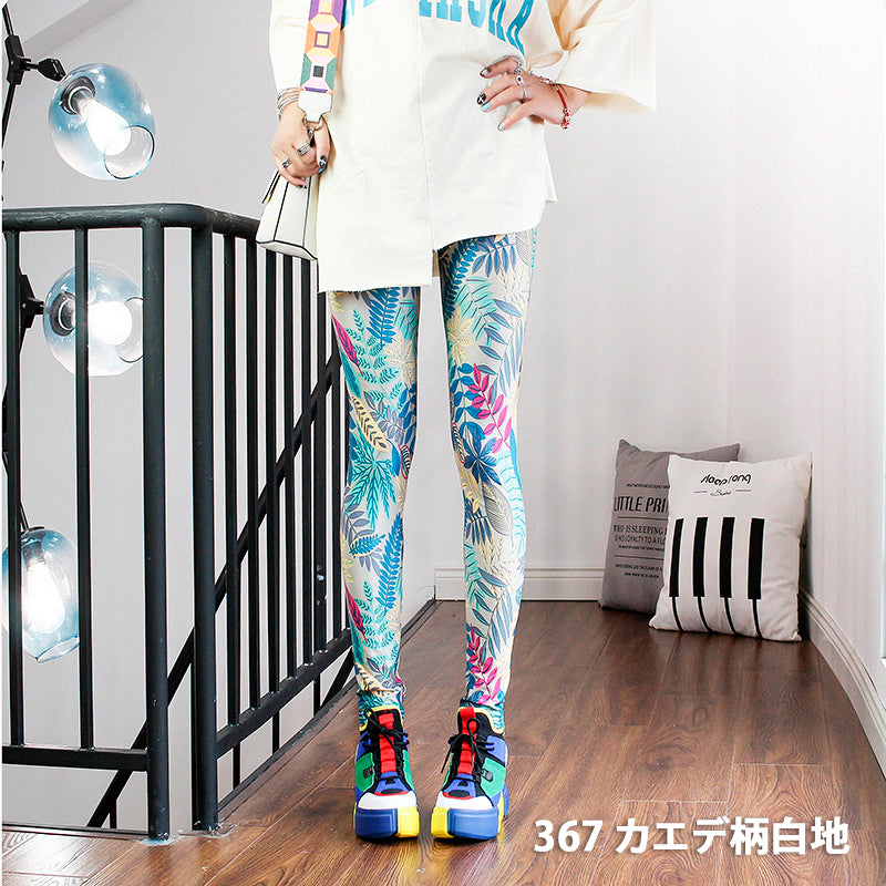 グラフィックプリント レギンス 派手柄 個性的 ストリート ストライプ お花柄 伸縮素材 薄手 九分丈パンツ ステージ衣装