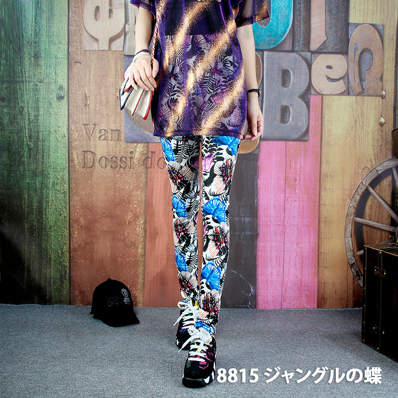 グラフィックプリント レギンス 派手柄 個性的 ストリート ストライプ お花柄 伸縮素材 薄手 九分丈パンツ ステージ衣装