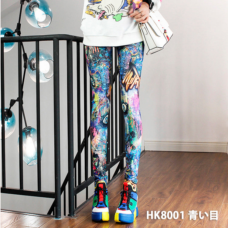 グラフィックプリント レギンス 派手柄 個性的 ストリート ストライプ お花柄 伸縮素材 薄手 九分丈パンツ ステージ衣装