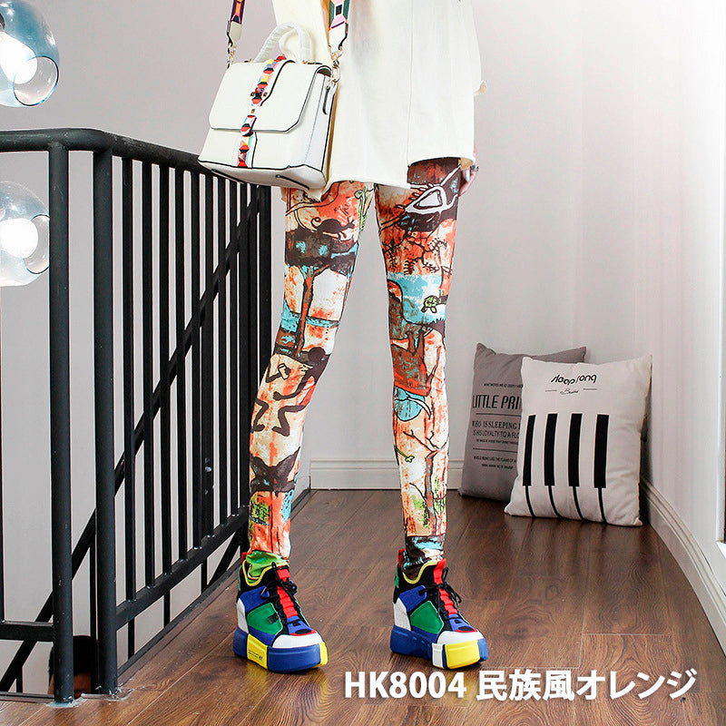 グラフィックプリント レギンス 派手柄 個性的 ストリート ストライプ お花柄 伸縮素材 薄手 九分丈パンツ ステージ衣装