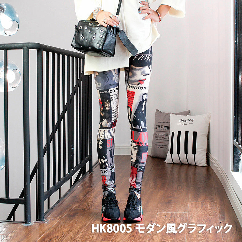 グラフィックプリント レギンス 派手柄 個性的 ストリート ストライプ お花柄 伸縮素材 薄手 九分丈パンツ ステージ衣装