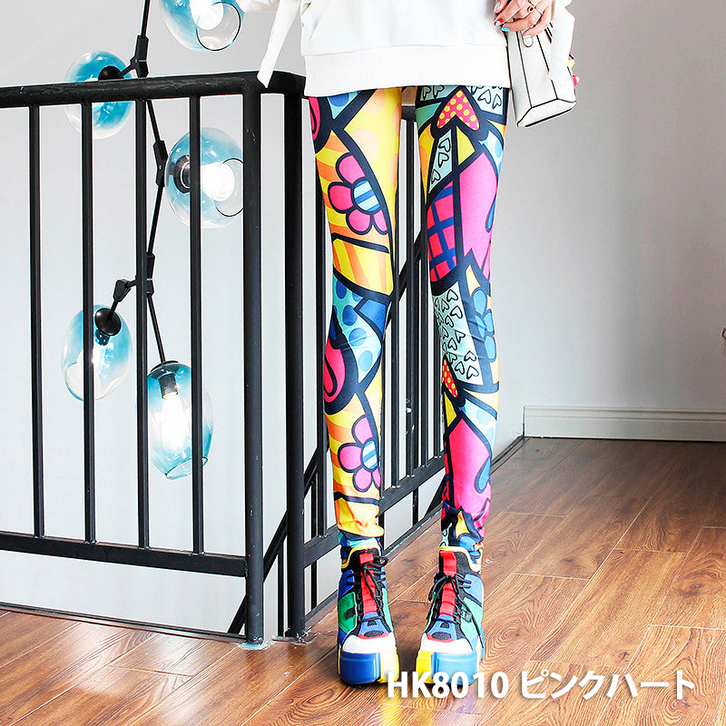 グラフィックプリント レギンス 派手柄 個性的 ストリート ストライプ お花柄 伸縮素材 薄手 九分丈パンツ ステージ衣装
