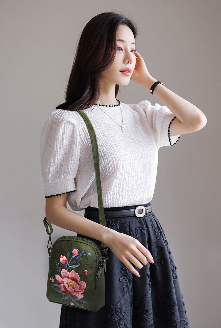 レトロフラワー刺繍入りレザーポーチ スマホショルダー 斜めがけ ミニバッグ レディース 蓮 睡蓮